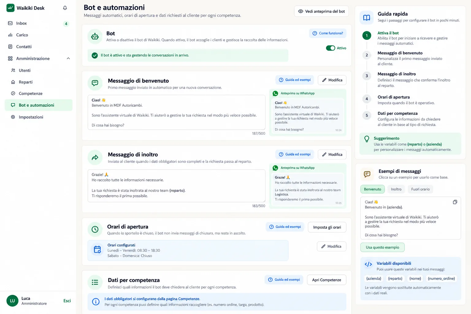 Configurazione bot e automazioni: messaggi, orari e dati per competenza