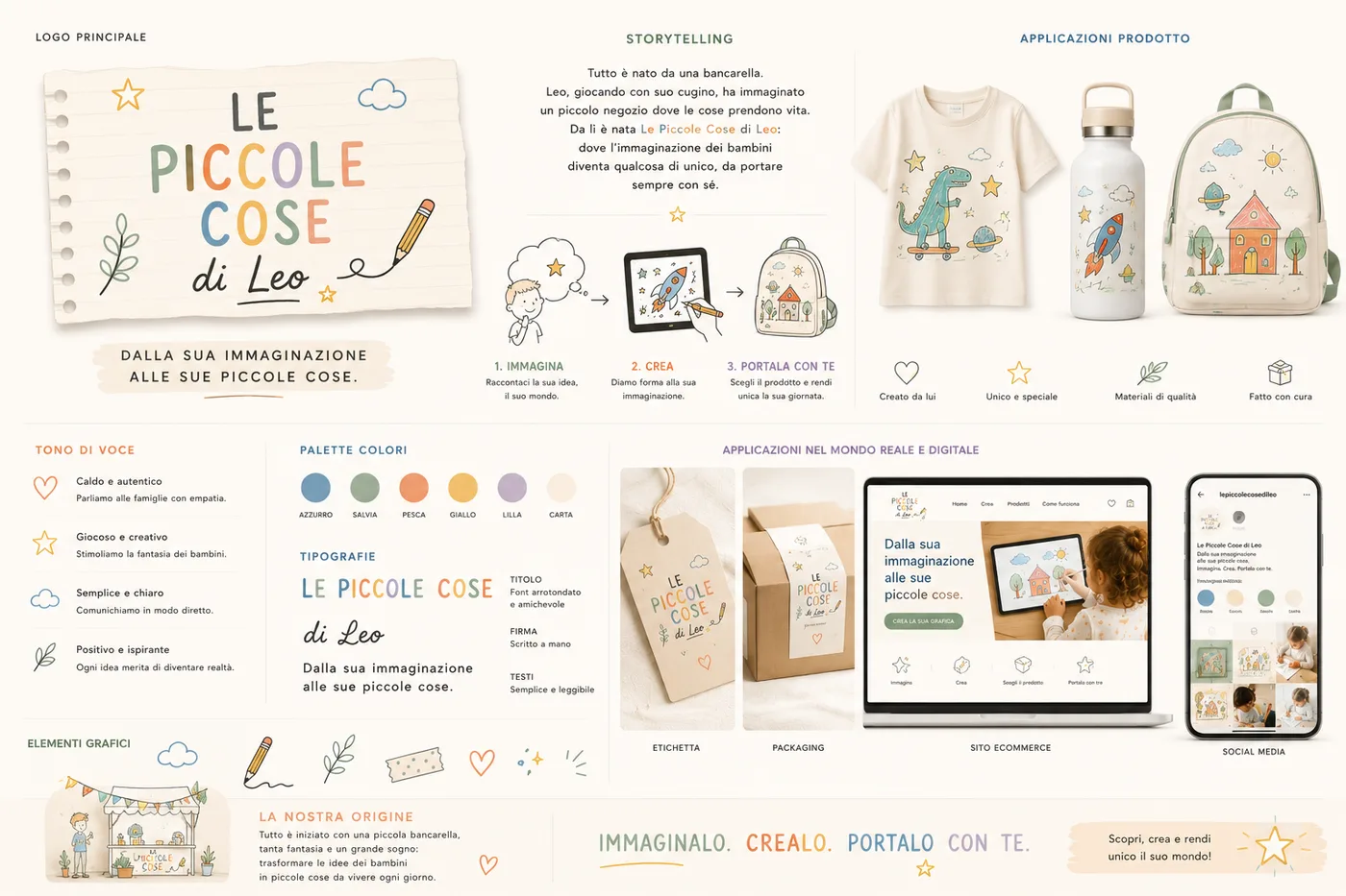 Brand board ufficiale Le Piccole Cose di Leo: palette, tipografia e linguaggio visivo
