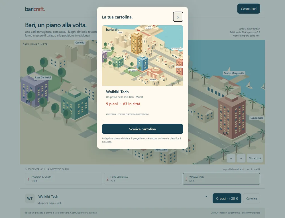 Cartolina Baricraft con edificio e skyline