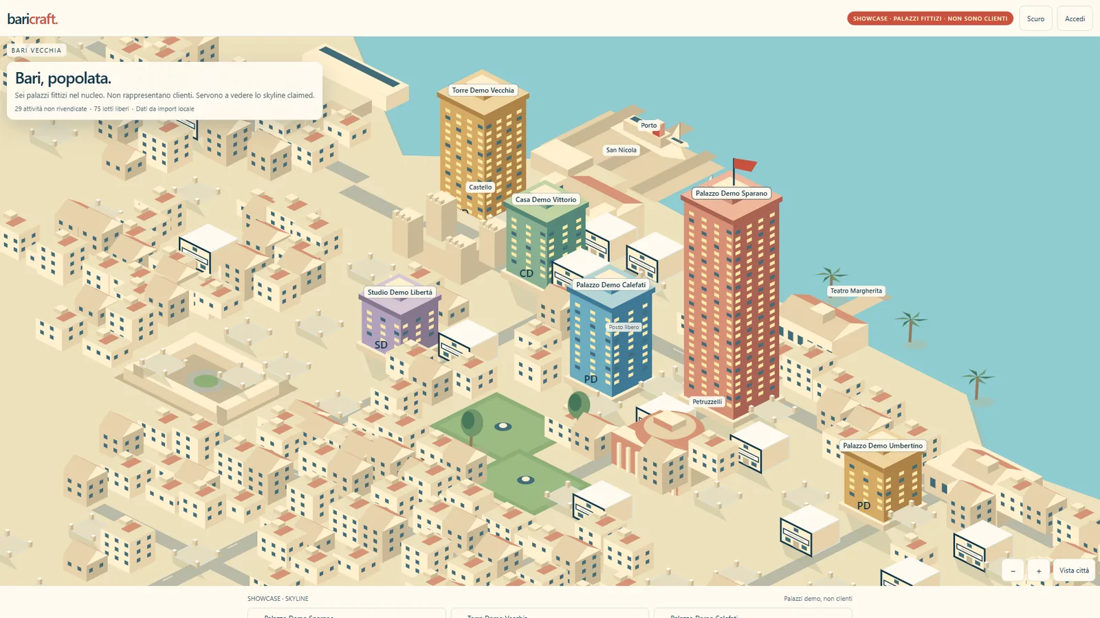 Skyline isometrico di Baricraft: Bari digitale con palazzi e mare