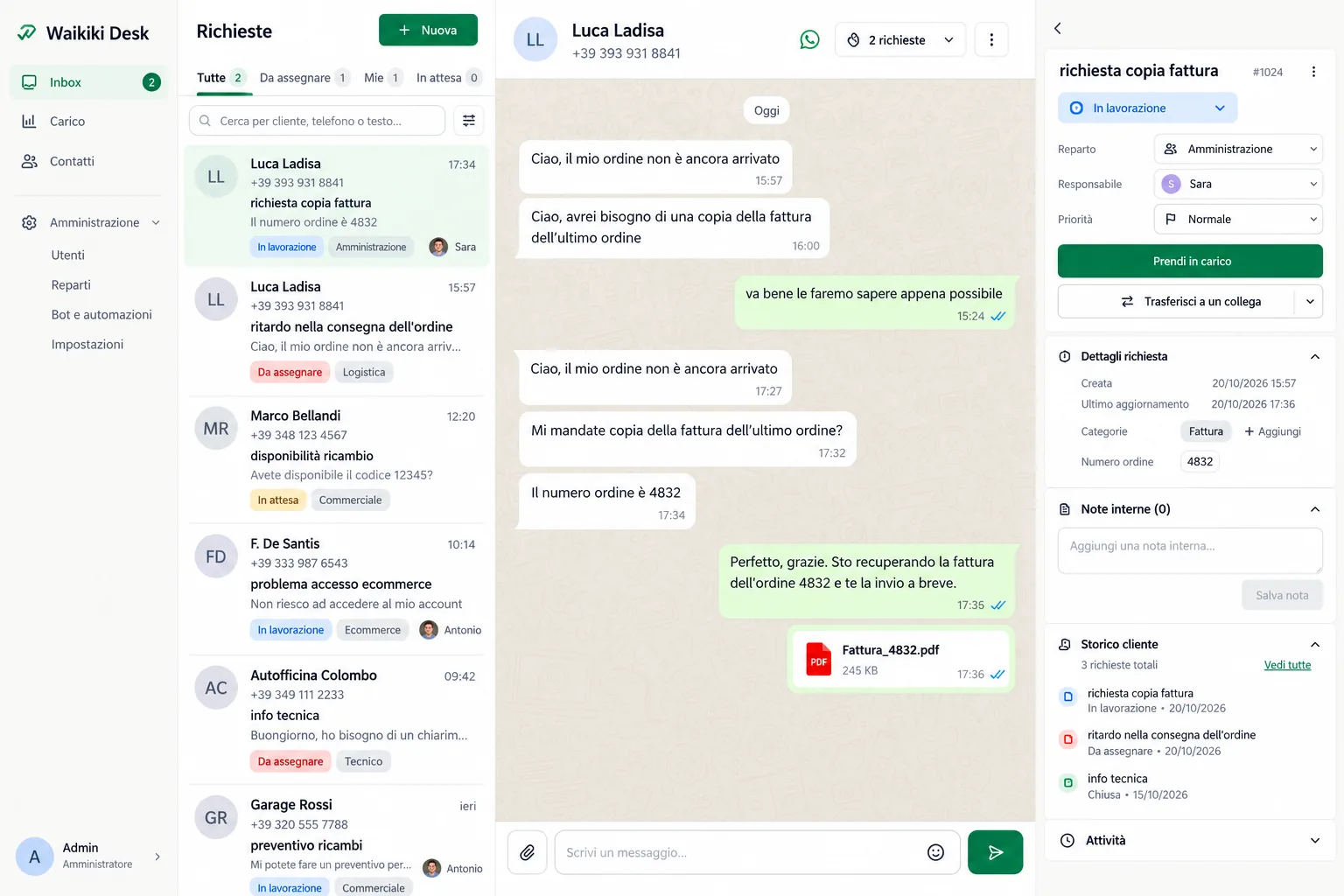 Waikiki Desk: inbox condivisa con chat WhatsApp e dettaglio richiesta