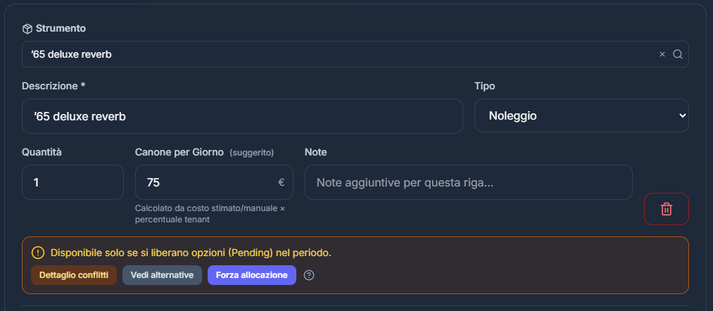 Schermata Quotiva: warning di disponibilità con segnalazione conflitti e alternative